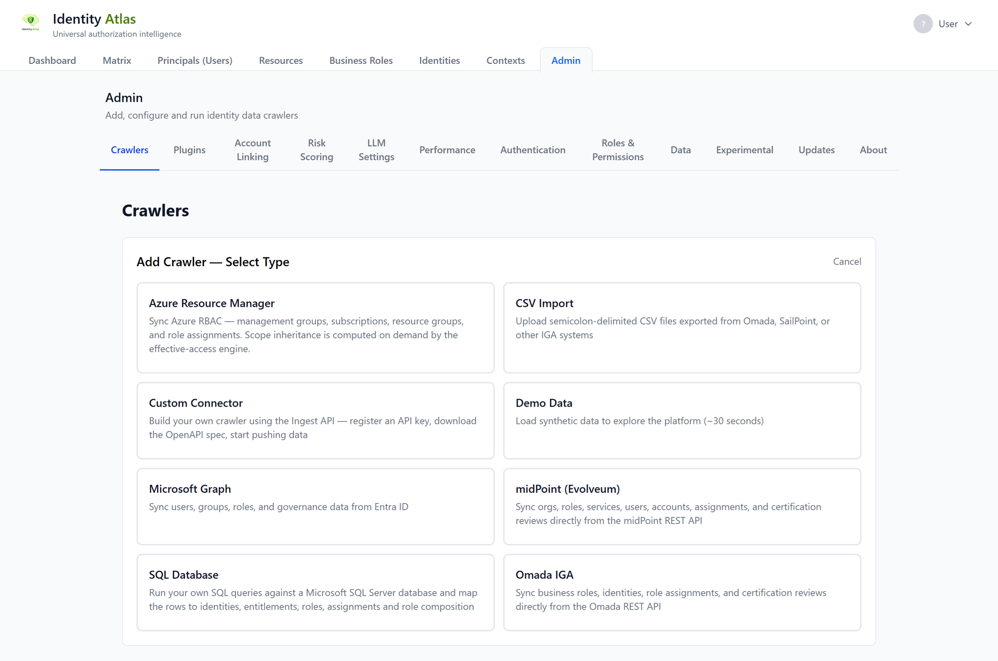 The Admin page on the Crawlers sub-tab, with the Add Crawler type picker listing Azure Resource Manager, CSV Import, Custom Connector, Demo Data, Microsoft Graph, midPoint, SQL Database and Omada IGA